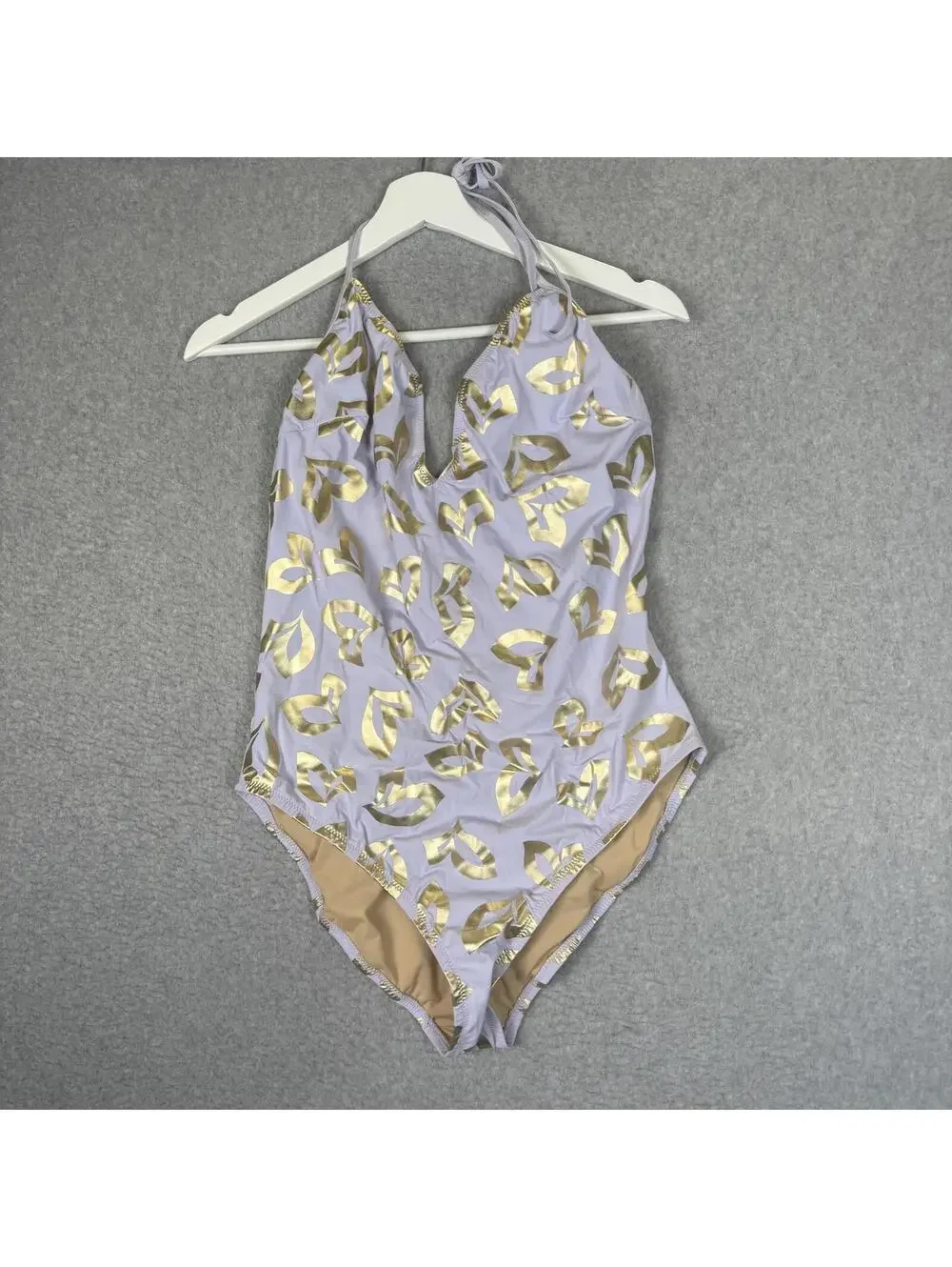J. Crew Women's Size 12 One Piece Lavender Metallic Gold Swimsuit Swimwear